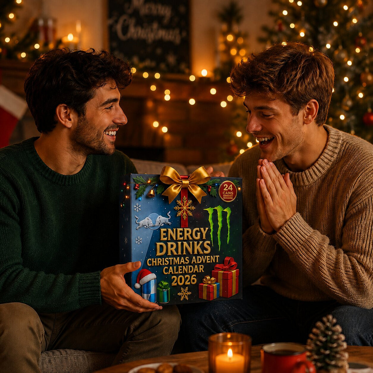 Deux hommes découvrent le calendrier de l'Avent 2026 devant le sapin de Noël