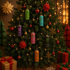 Ornements plats en forme de canettes suspendus aux branches d'un sapin décoré