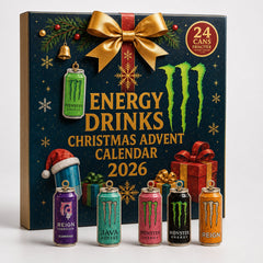 Coffret du calendrier de l'Avent sur fond blanc avec cinq ornements canettes