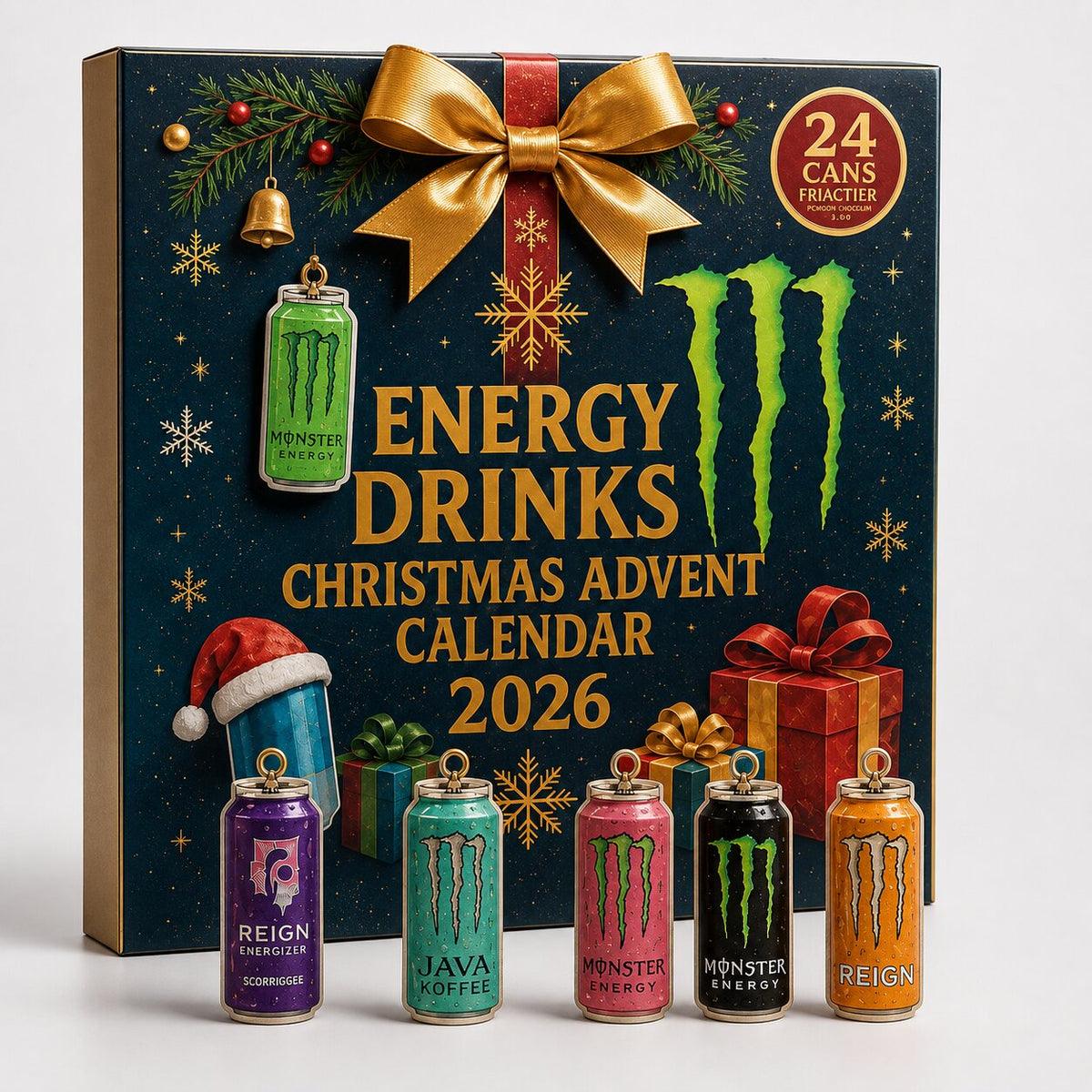 Coffret du calendrier de l'Avent sur fond blanc avec cinq ornements canettes