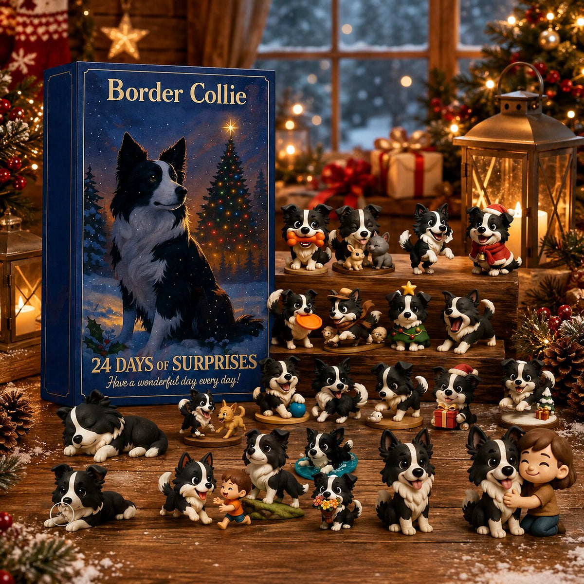 Calendrier de l'Avent Border Collie avec boîte bleu nuit et nombreux ornements de chiens