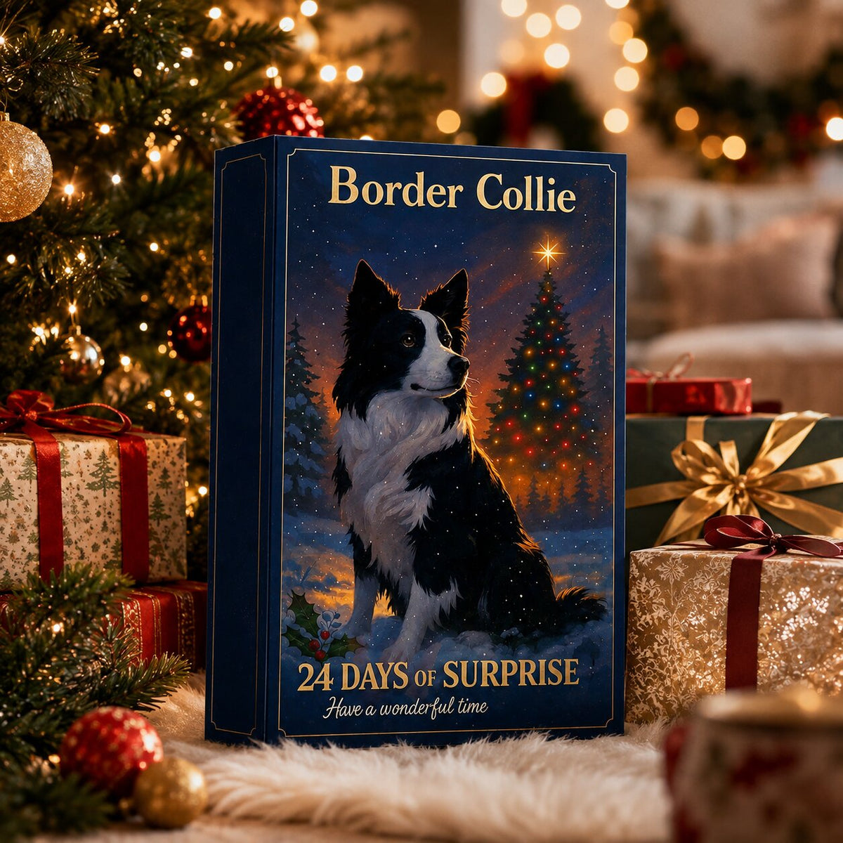 Boîte du calendrier de l'Avent Border Collie posée près du sapin et des cadeaux