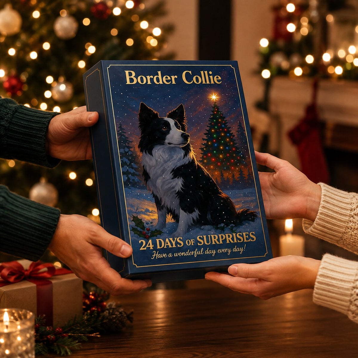 Mains tenant la boîte bleu nuit du calendrier de l'Avent Border Collie et son décor doré