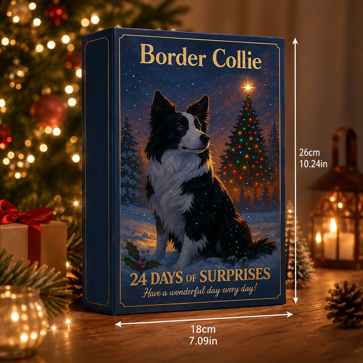 Calendrier de l'Avent Border Collie avec dimensions indiquées, 26 cm sur 18 cm