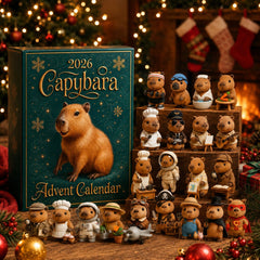Calendrier de l'Avent Capybara 2026 et ses figurines devant un sapin illuminé