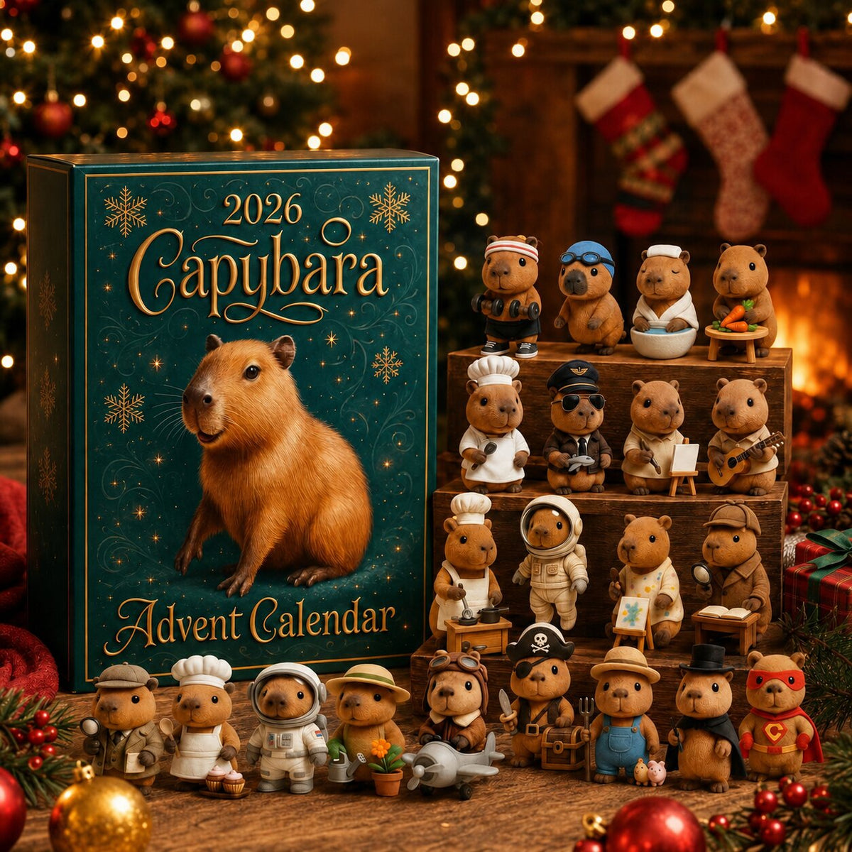 Calendrier de l'Avent Capybara 2026 et ses figurines devant un sapin illuminé