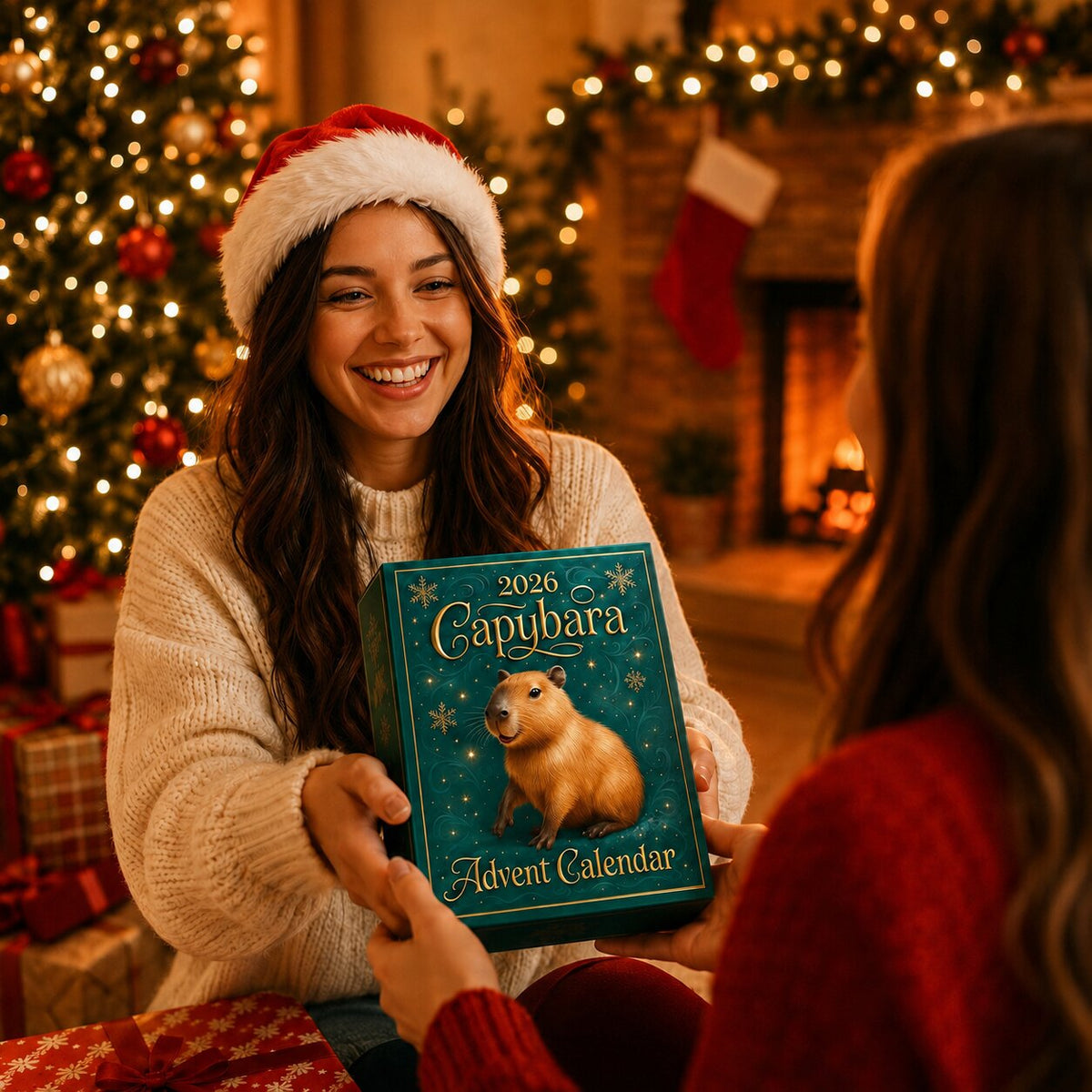 Femme offrant le calendrier de l'Avent Capybara 2026 dans un salon décoré de Noël