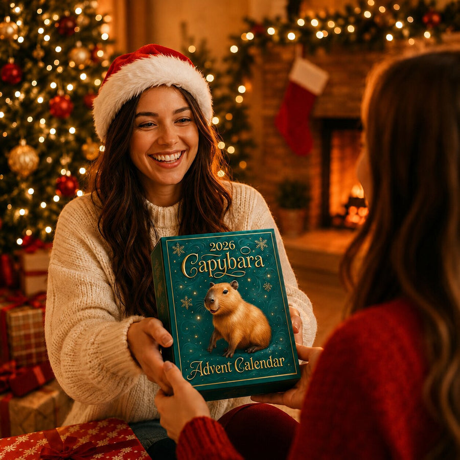 Femme offrant le calendrier de l'Avent Capybara 2026 dans un salon décoré de Noël