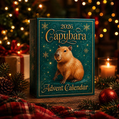 Boîte vert foncé du calendrier de l'Avent Capybara 2026 aux motifs dorés et bougie