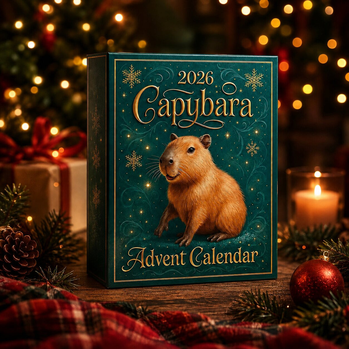 Boîte vert foncé du calendrier de l'Avent Capybara 2026 aux motifs dorés et bougie