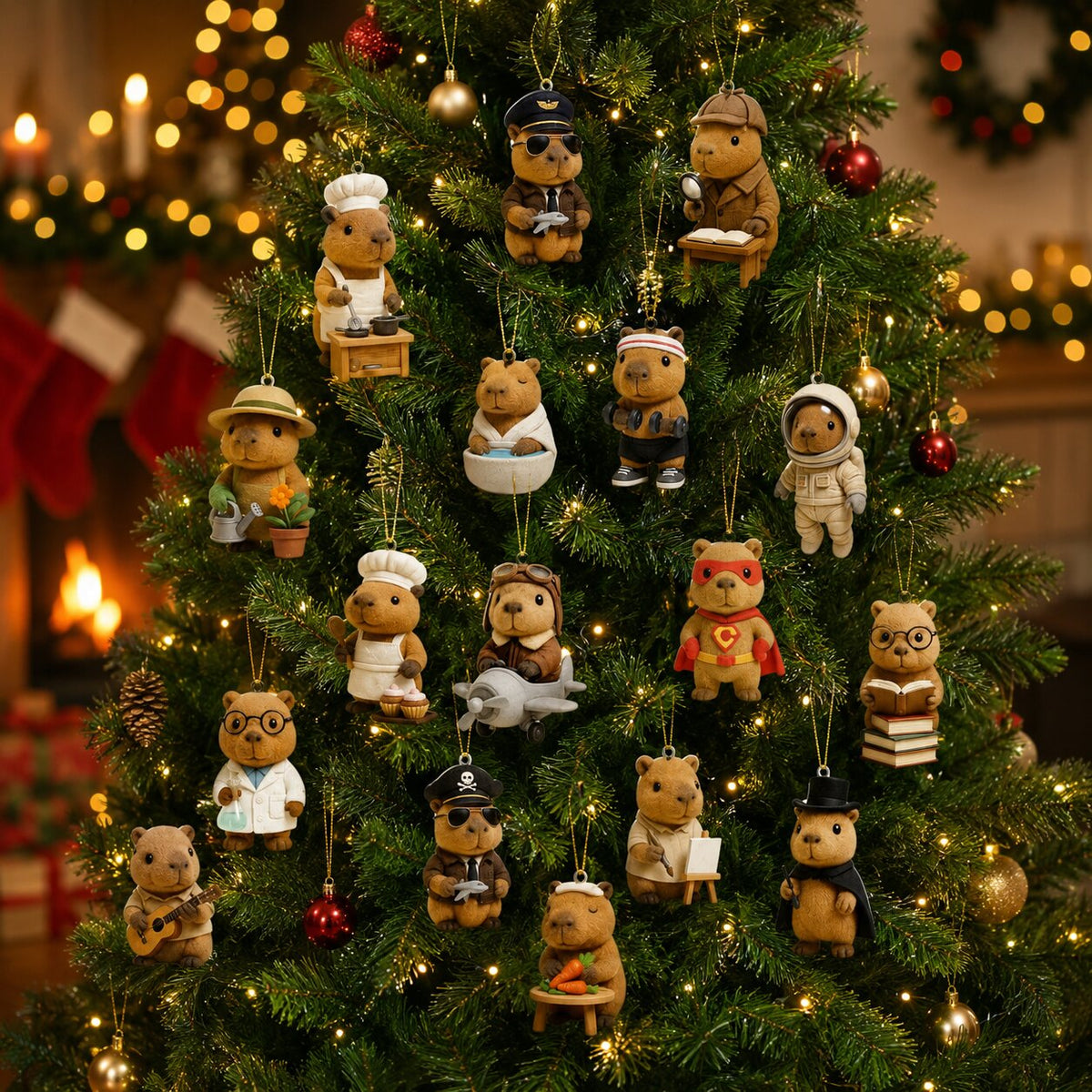 Ornements capybaras du calendrier de l'Avent suspendus aux branches d'un sapin de Noël