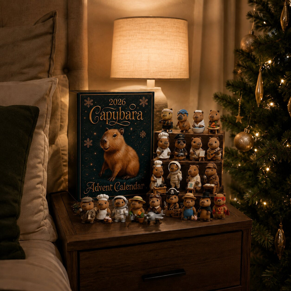 Calendrier de l'Avent Capybara 2026 posé sur une table de chevet avec ses ornements