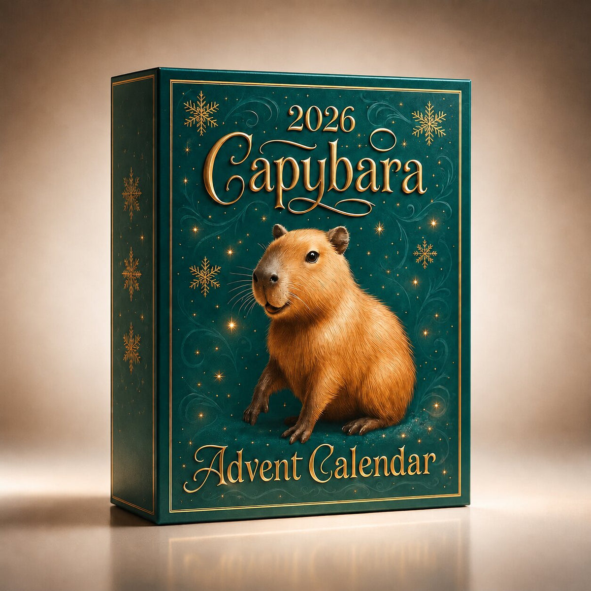 Boîte du calendrier de l'Avent Capybara 2026 vue de trois quarts sur fond neutre