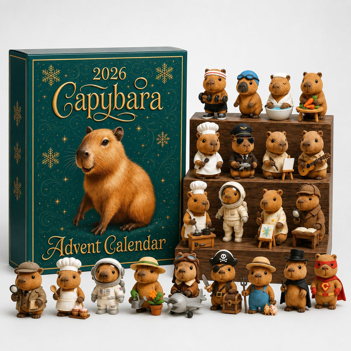 Calendrier de l'Avent Capybara 2026 avec les 24 motifs de capybaras sur fond blanc