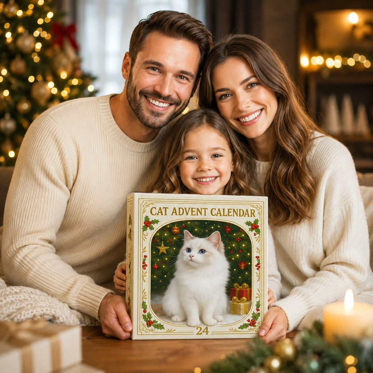 Famille tenant le calendrier de l'Avent chats 2026 devant un sapin illuminé
