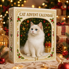 Boîte du calendrier de l'Avent chats 2026 au décor doré et motifs de houx