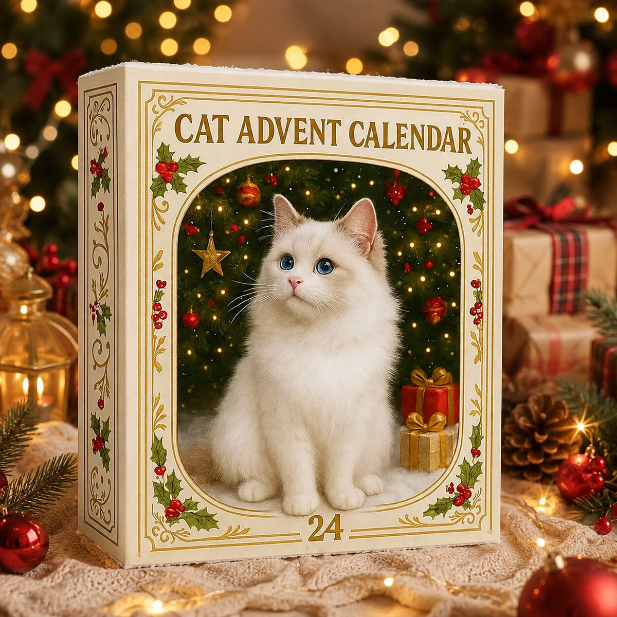 Boîte du calendrier de l'Avent chats 2026 au décor doré et motifs de houx