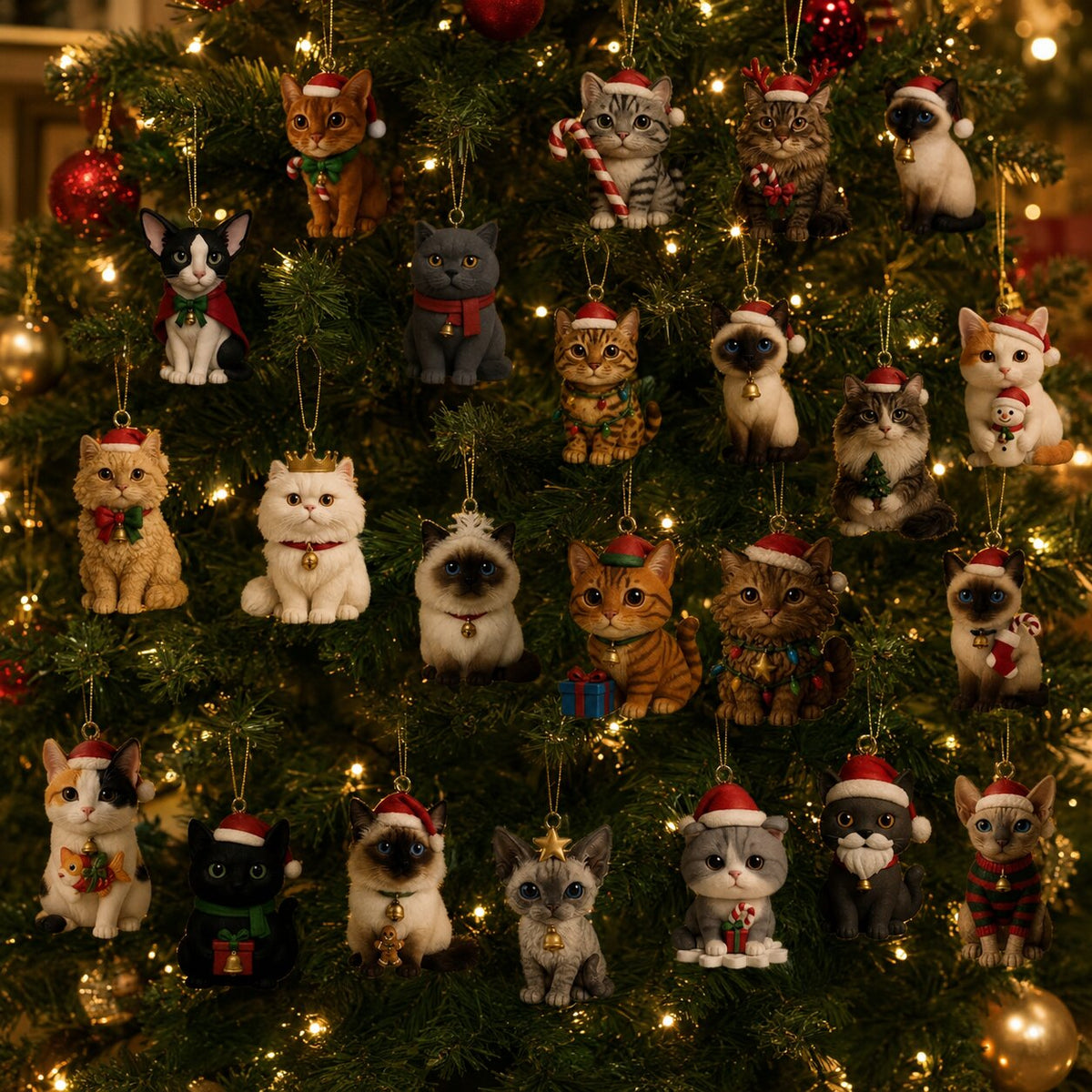 Ornements chats de Noël avec bonnets rouges accrochés aux branches du sapin