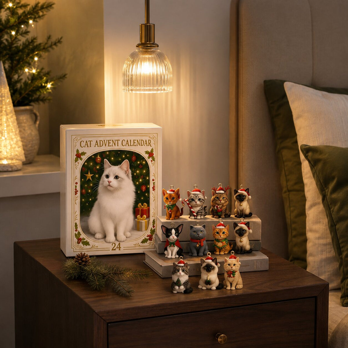 Calendrier de l'Avent chats posé sur une table de chevet avec ses ornements