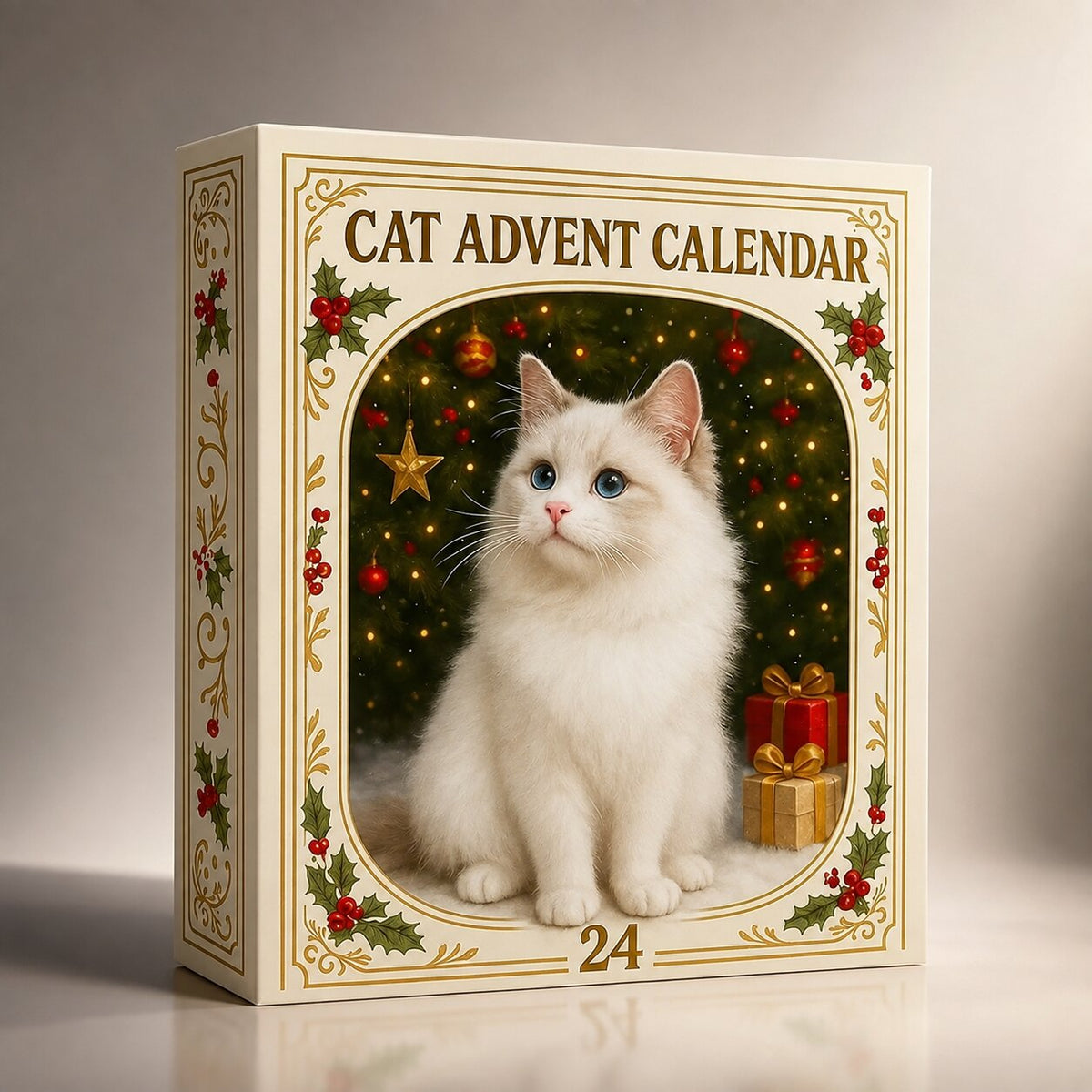Boîte du calendrier de l'Avent chats 2026 vue de trois quarts sur fond clair