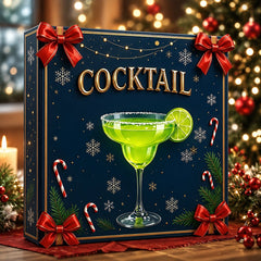 Coffret fermé bleu nuit à nœuds rouges et verre de margarita vert
