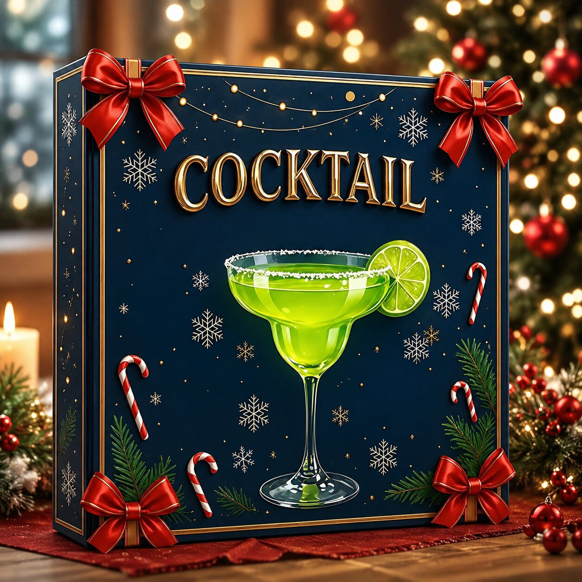 Coffret fermé bleu nuit à nœuds rouges et verre de margarita vert