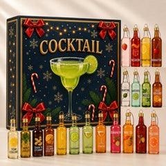 Coffret et les 24 suspensions cocktails alignées sur fond beige clair
