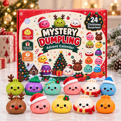 Calendrier de l'Avent Dumplings et figurines Squishy colorées alignées devant la boîte