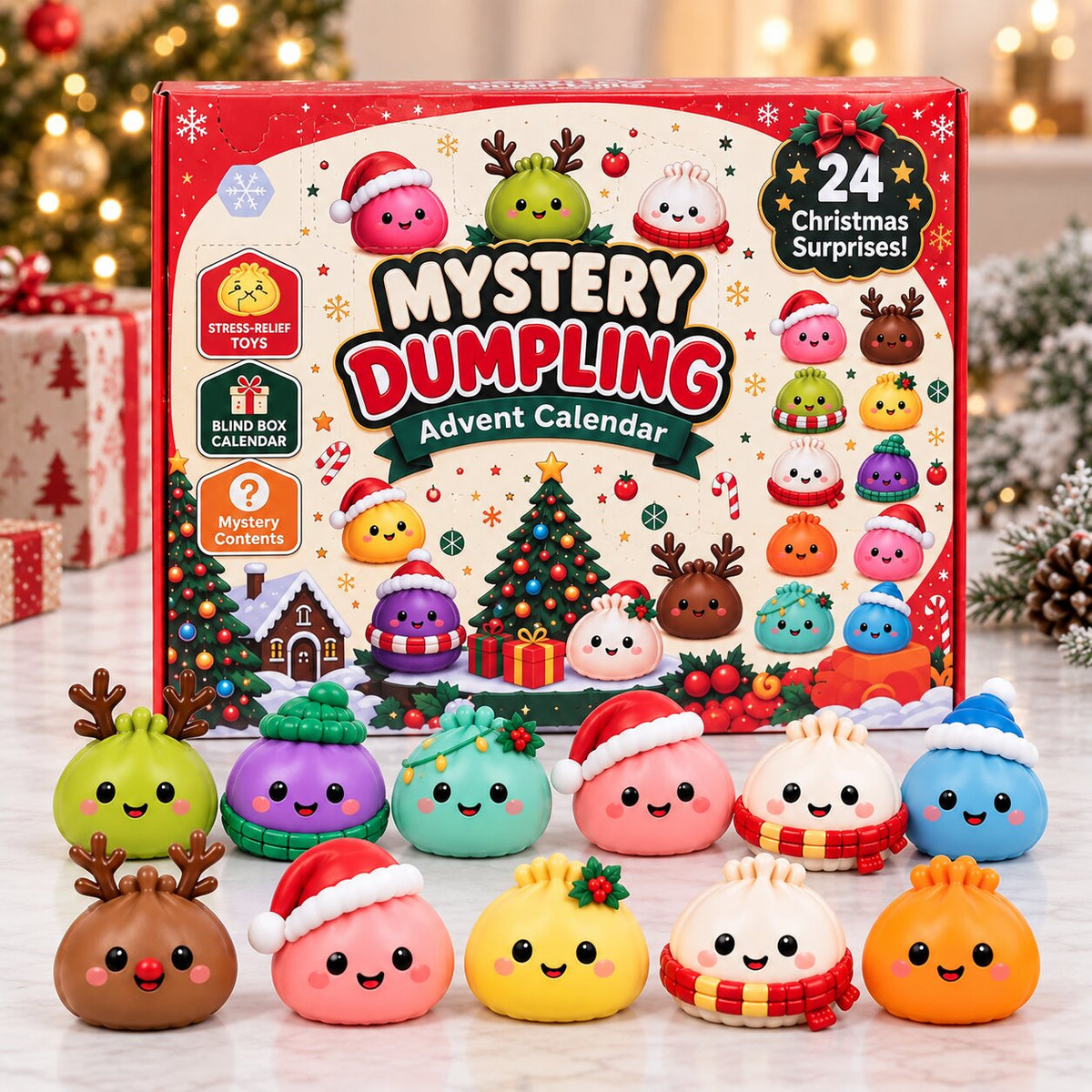Calendrier de l'Avent Dumplings et figurines Squishy colorées alignées devant la boîte