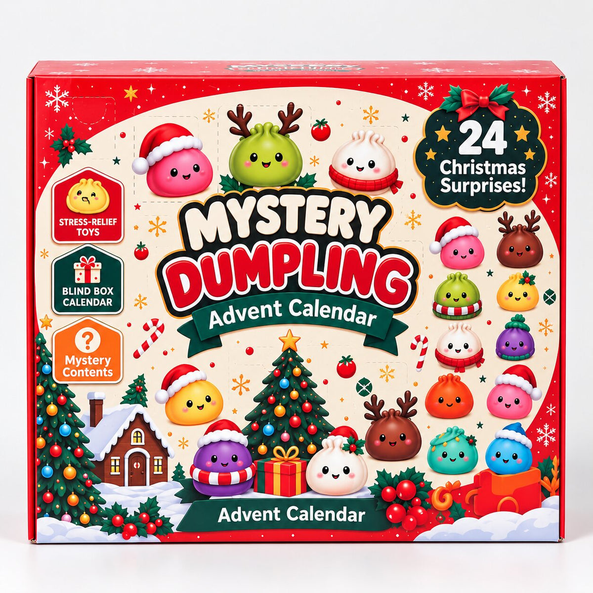 Boîte rouge du calendrier de l'Avent Dumplings annonçant 24 surprises de Noël