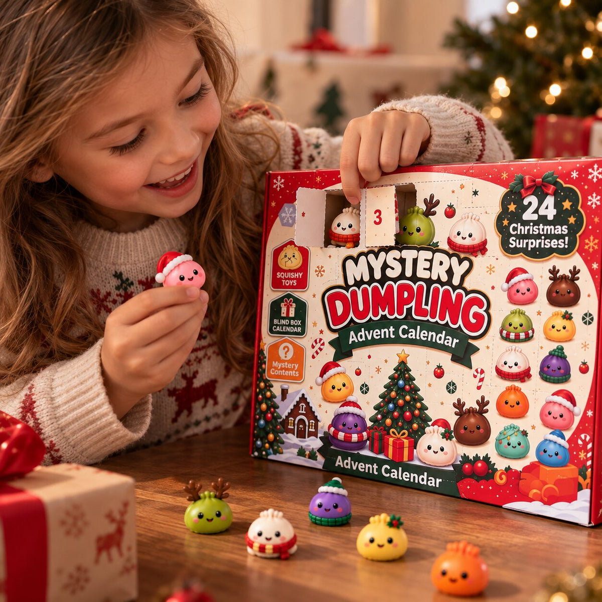Enfant ouvrant une case du calendrier et tenant une figurine Squishy rose à bonnet de Noël