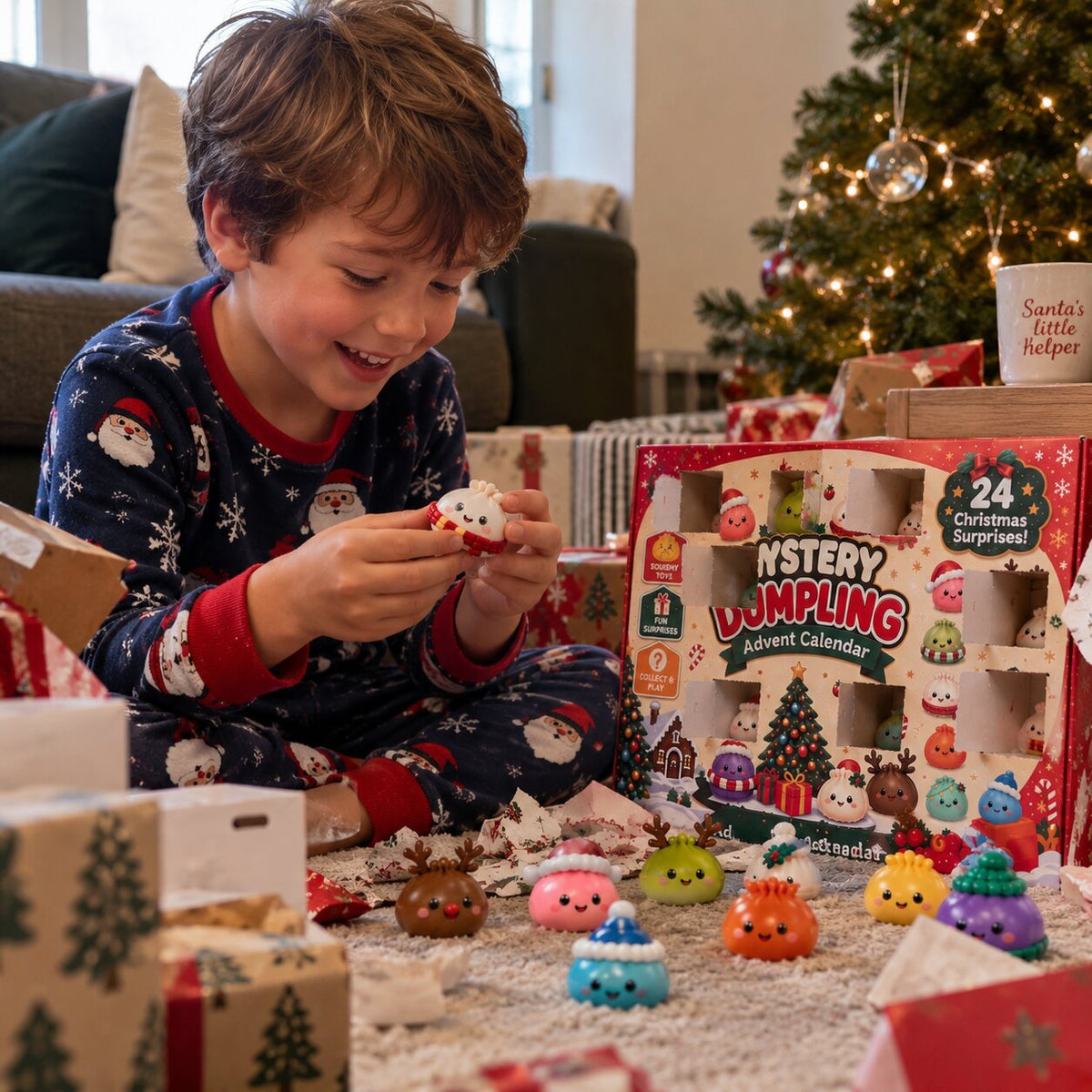 Garçon en pyjama jouant avec les figurines Squishy devant le calendrier aux cases ouvertes