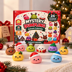 Calendrier de l'Avent Dumplings entouré de figurines Squishy à bonnets et bois de renne