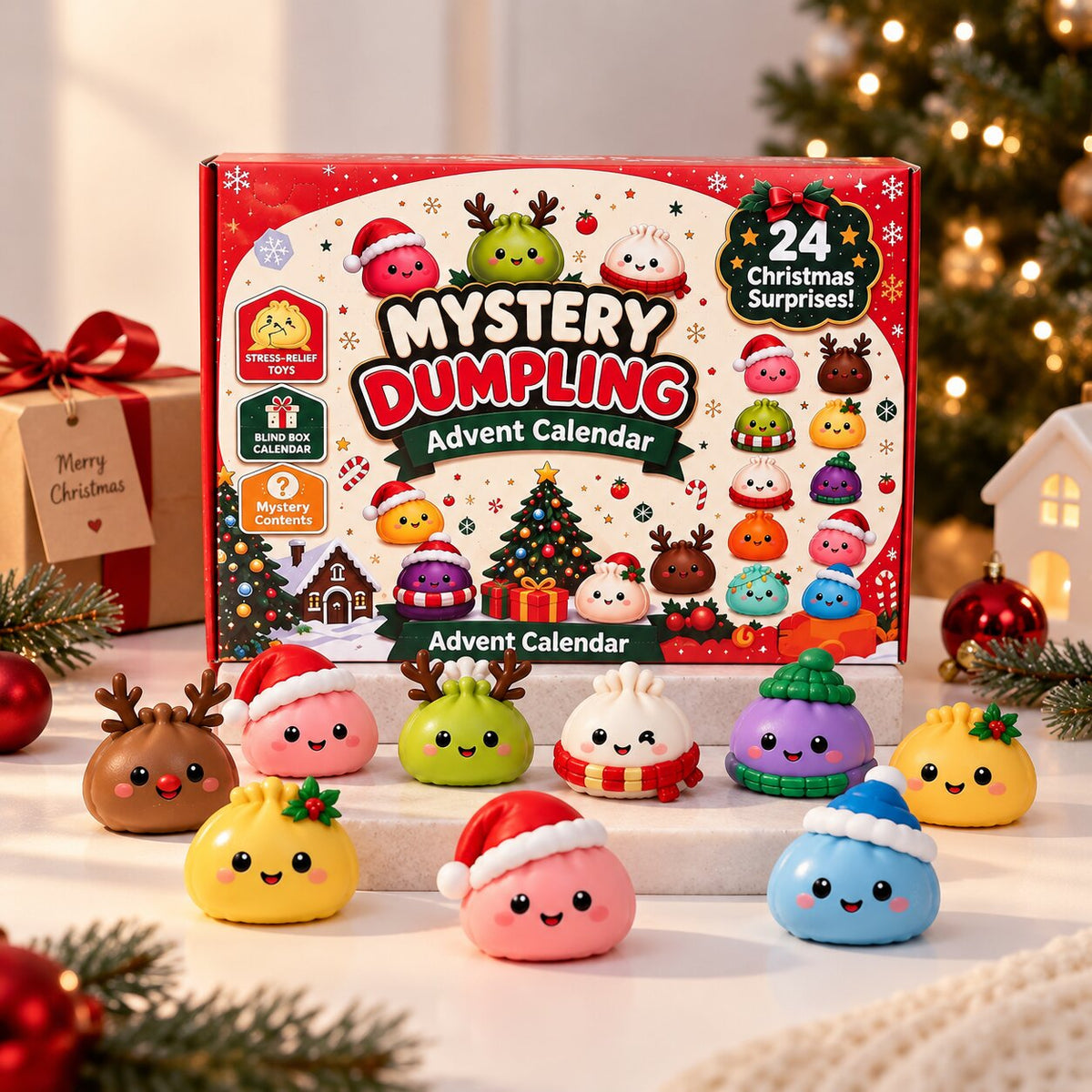 Calendrier de l'Avent Dumplings entouré de figurines Squishy à bonnets et bois de renne