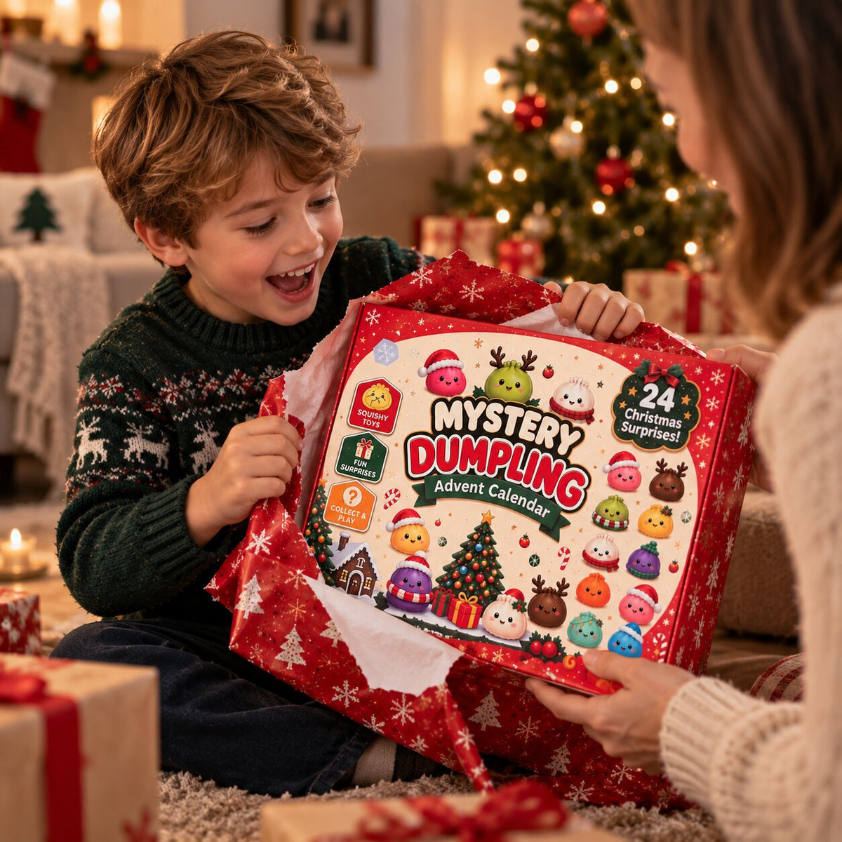 Enfant déballant la boîte du calendrier de l'Avent Dumplings devant le sapin de Noël