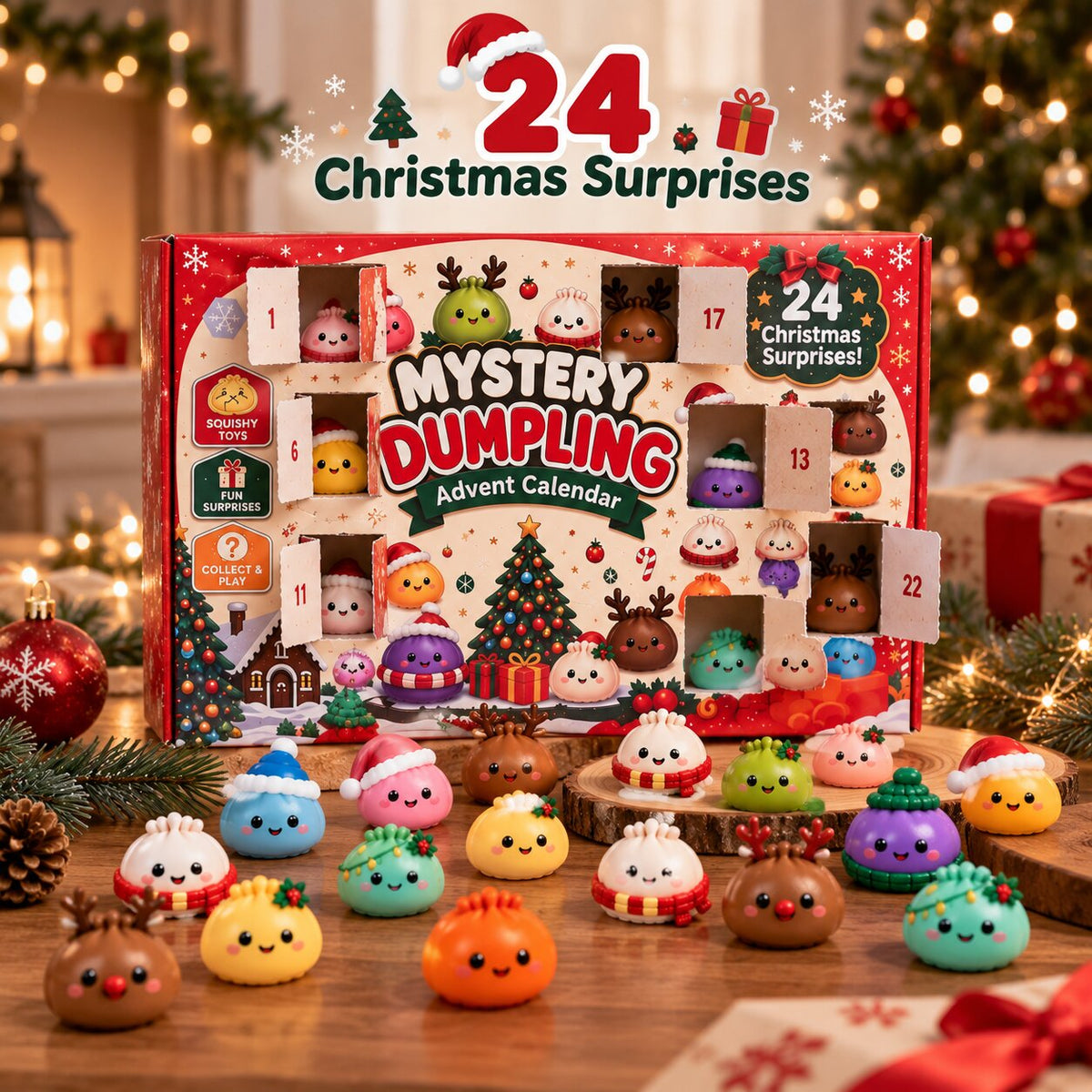 Calendrier aux cases numérotées ouvertes et nombreuses figurines Squishy sur une table en bois