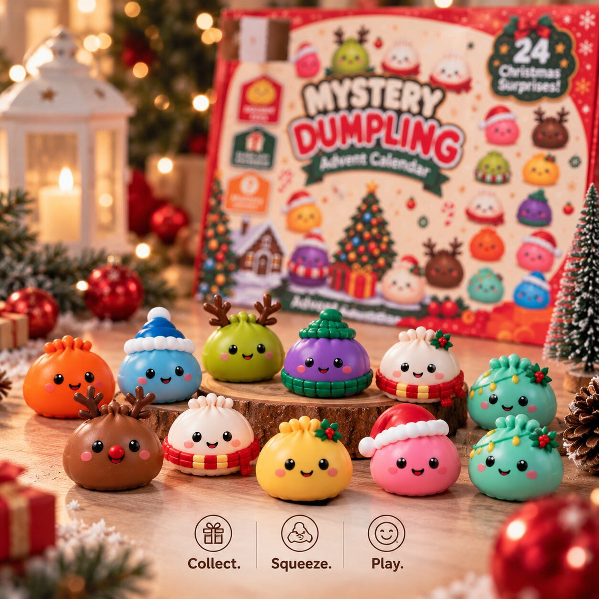 Figurines Squishy Dumpling colorées avec écharpes et houx devant la boîte du calendrier