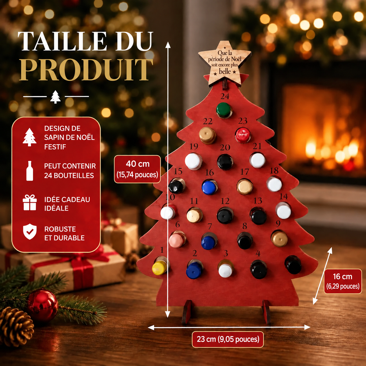 Calendrier de l'Avent sapin rouge avec indications de taille 40 x 23 x 16 cm