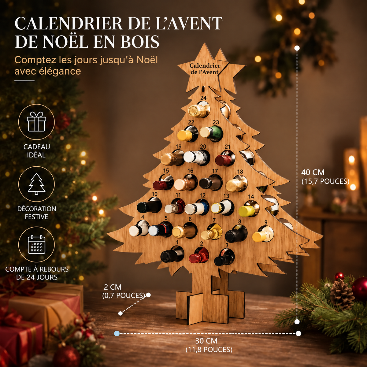 Calendrier de l'Avent sapin en bois avec dimensions 40 x 30 cm et épaisseur indiquée