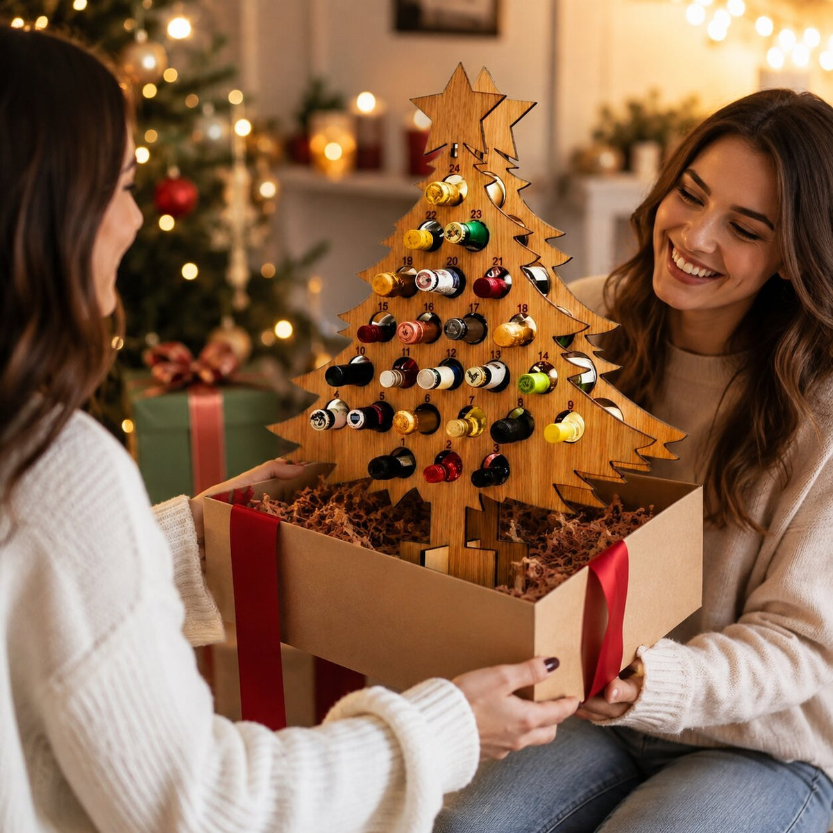 Calendrier de l'Avent sapin en bois offert dans une boîte cadeau à ruban rouge