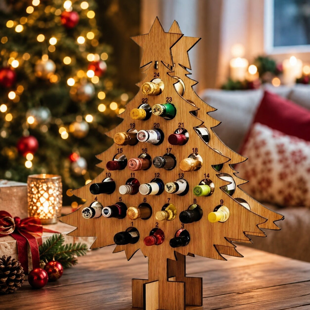 Calendrier de l'Avent sapin en bois posé sur une table de salon décorée pour Noël