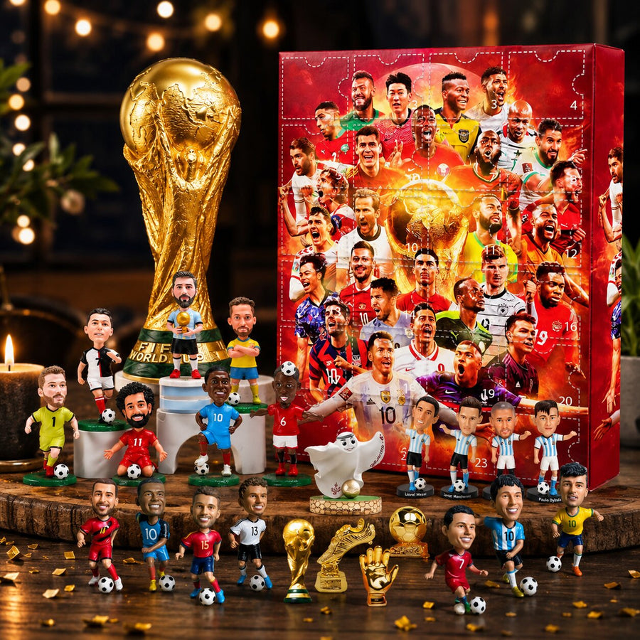 Calendrier de l'Avent football 2026 avec figurines de joueurs et trophée doré