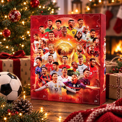 Calendrier de l'Avent football rouge à 24 portes numérotées devant un sapin de Noël