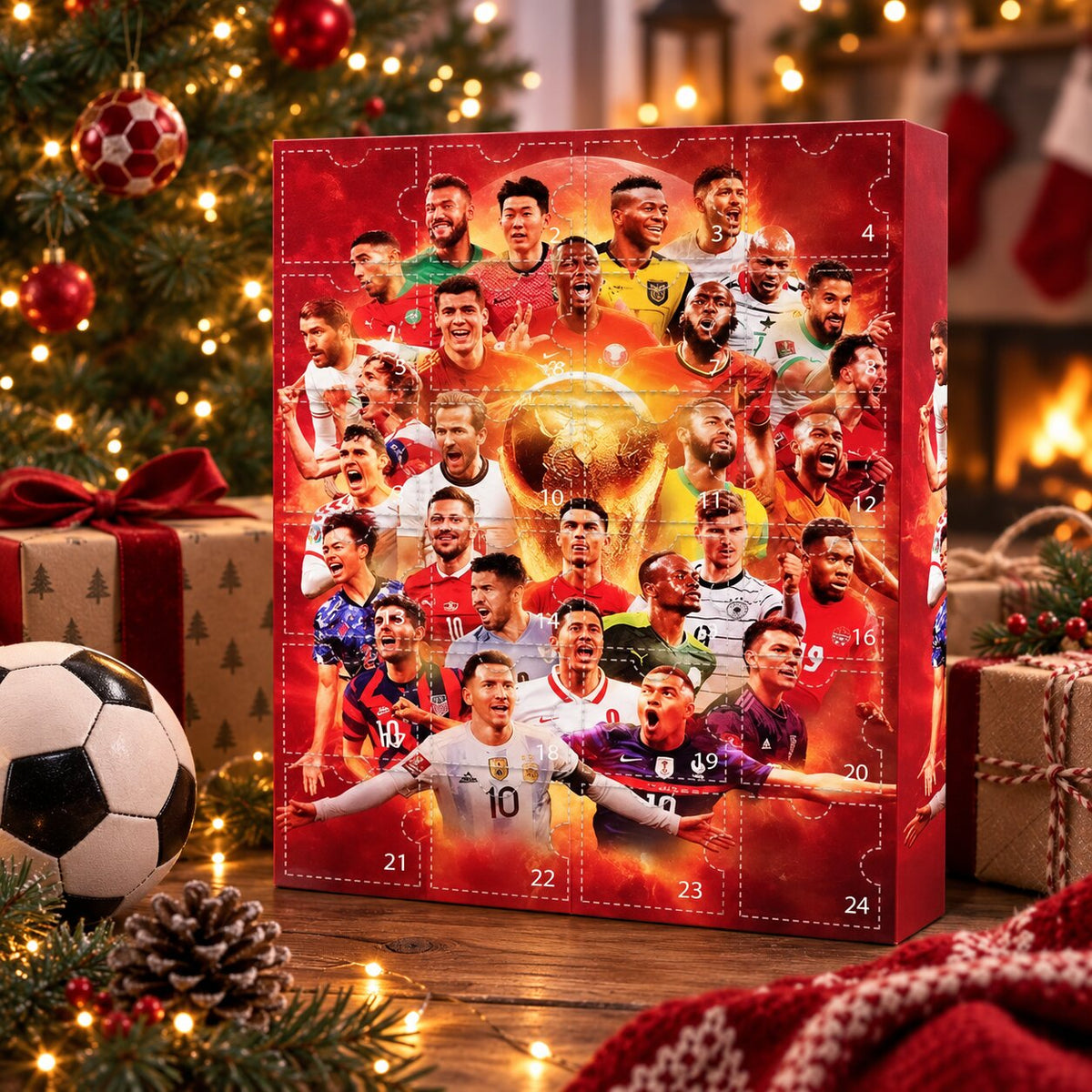 Calendrier de l'Avent football rouge à 24 portes numérotées devant un sapin de Noël