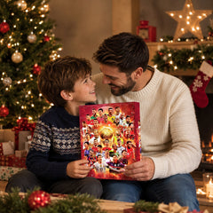 Père et enfant tenant le calendrier de l'Avent football devant la cheminée