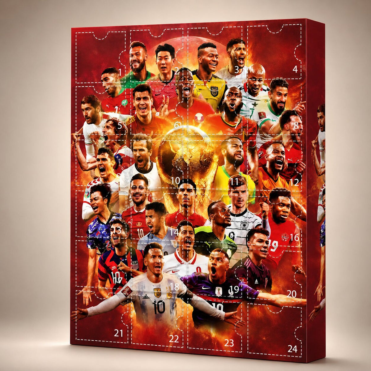 Calendrier de l'Avent football de face, portes numérotées de 1 à 24