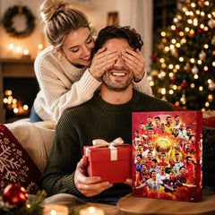 Couple offrant le calendrier de l'Avent football dans un salon décoré pour Noël