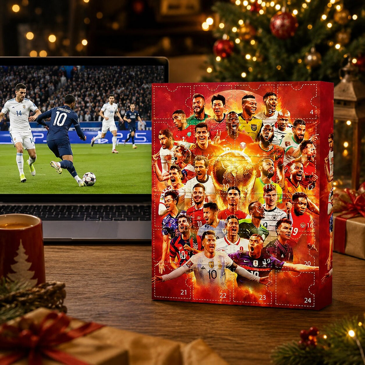 Calendrier de l'Avent football posé sur une table en bois près d'un ordinateur portable