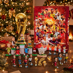 Calendrier de l'Avent football avec figurines et trophées devant un sapin illuminé