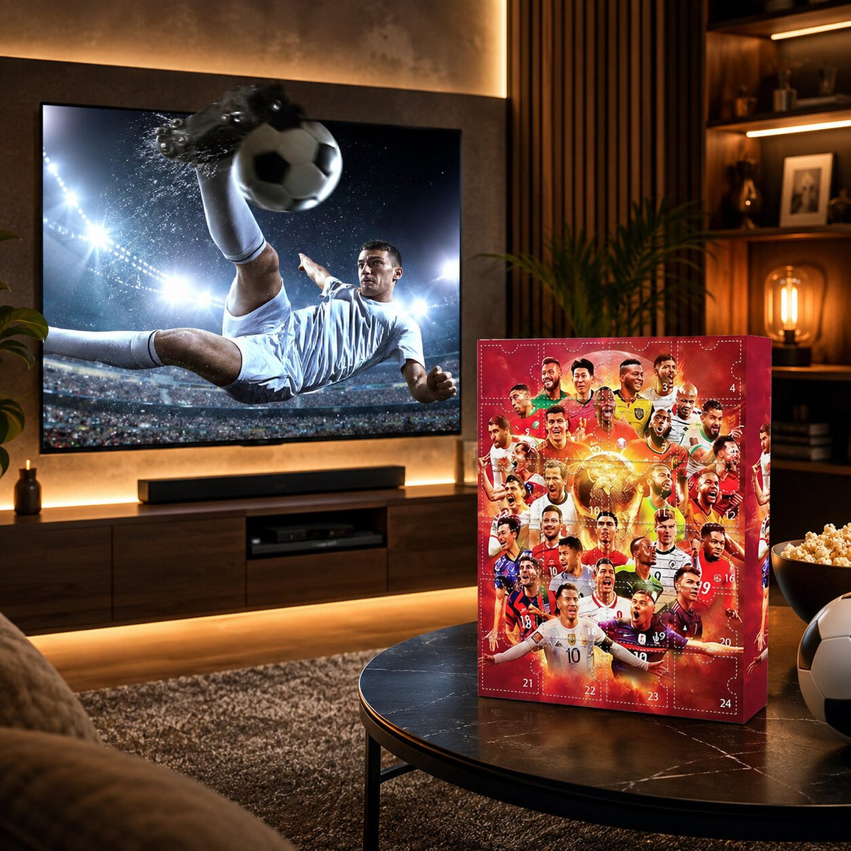 Calendrier de l'Avent football sur une table basse devant un écran de télévision